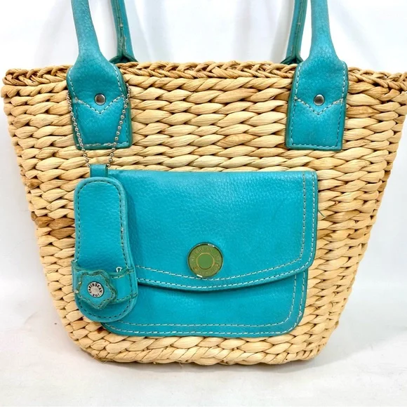 Caribbean Joe Straw Wicker Bag with Turquoise Leather Accents - Picture 2 of 11